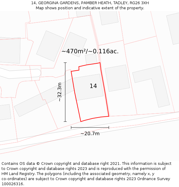 14, GEORGINA GARDENS, PAMBER HEATH, TADLEY, RG26 3XH: Plot and title map