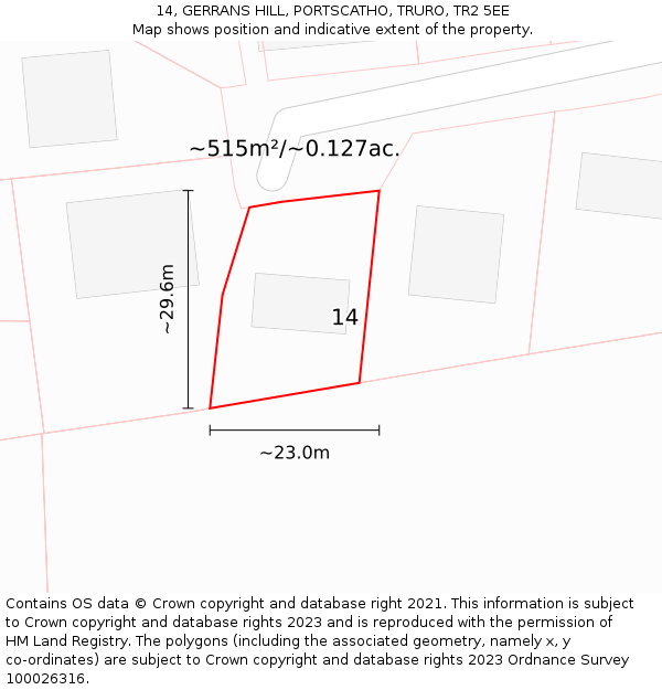 14, GERRANS HILL, PORTSCATHO, TRURO, TR2 5EE: Plot and title map