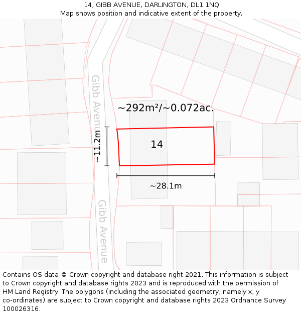 14, GIBB AVENUE, DARLINGTON, DL1 1NQ: Plot and title map