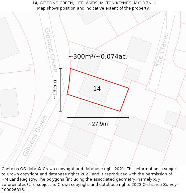 14, GIBSONS GREEN, HEELANDS, MILTON KEYNES, MK13 7NH: Plot and title map