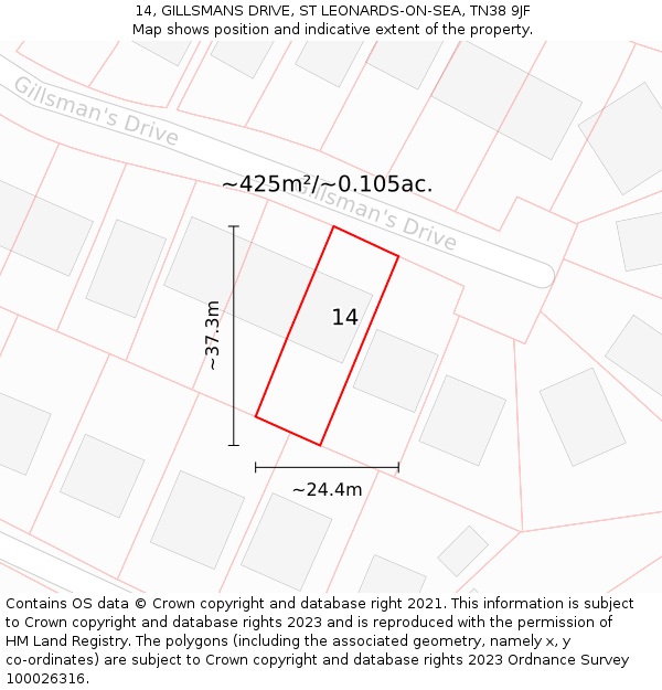 14, GILLSMANS DRIVE, ST LEONARDS-ON-SEA, TN38 9JF: Plot and title map