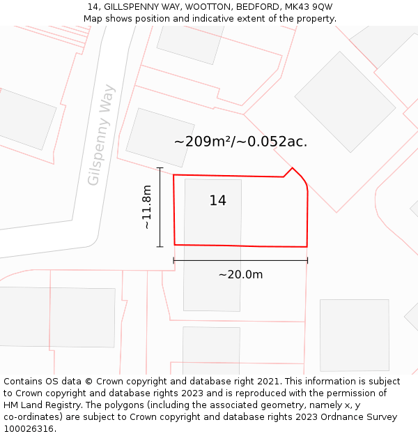 14, GILLSPENNY WAY, WOOTTON, BEDFORD, MK43 9QW: Plot and title map