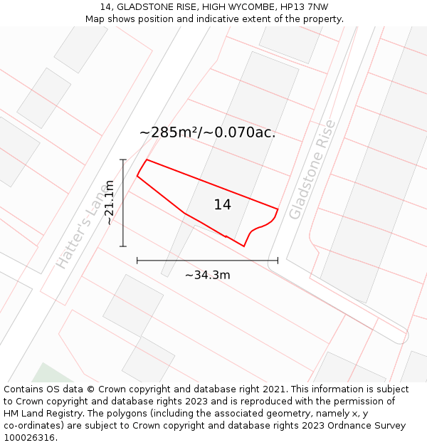 14, GLADSTONE RISE, HIGH WYCOMBE, HP13 7NW: Plot and title map