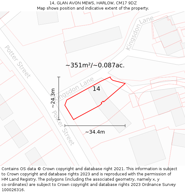 14, GLAN AVON MEWS, HARLOW, CM17 9DZ: Plot and title map