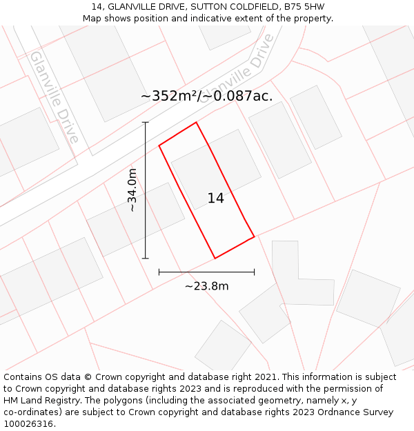 14, GLANVILLE DRIVE, SUTTON COLDFIELD, B75 5HW: Plot and title map