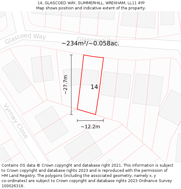 14, GLASCOED WAY, SUMMERHILL, WREXHAM, LL11 4YP: Plot and title map