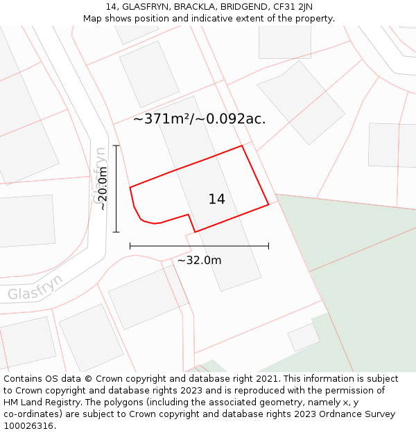 14, GLASFRYN, BRACKLA, BRIDGEND, CF31 2JN: Plot and title map
