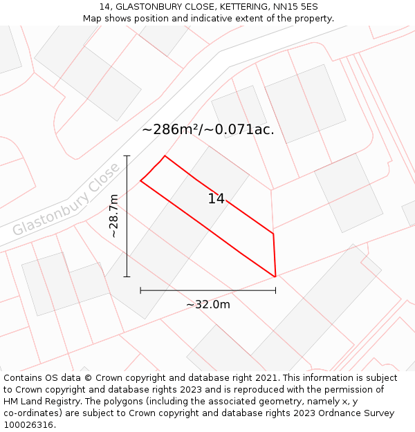 14, GLASTONBURY CLOSE, KETTERING, NN15 5ES: Plot and title map