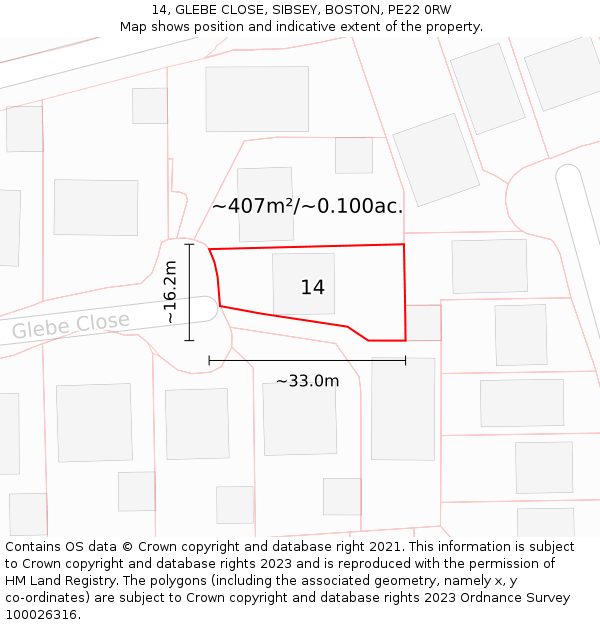14, GLEBE CLOSE, SIBSEY, BOSTON, PE22 0RW: Plot and title map