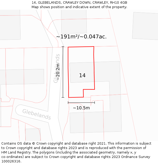 14, GLEBELANDS, CRAWLEY DOWN, CRAWLEY, RH10 4GB: Plot and title map