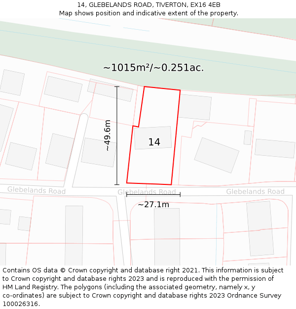 14, GLEBELANDS ROAD, TIVERTON, EX16 4EB: Plot and title map