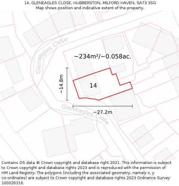 14, GLENEAGLES CLOSE, HUBBERSTON, MILFORD HAVEN, SA73 3SG: Plot and title map
