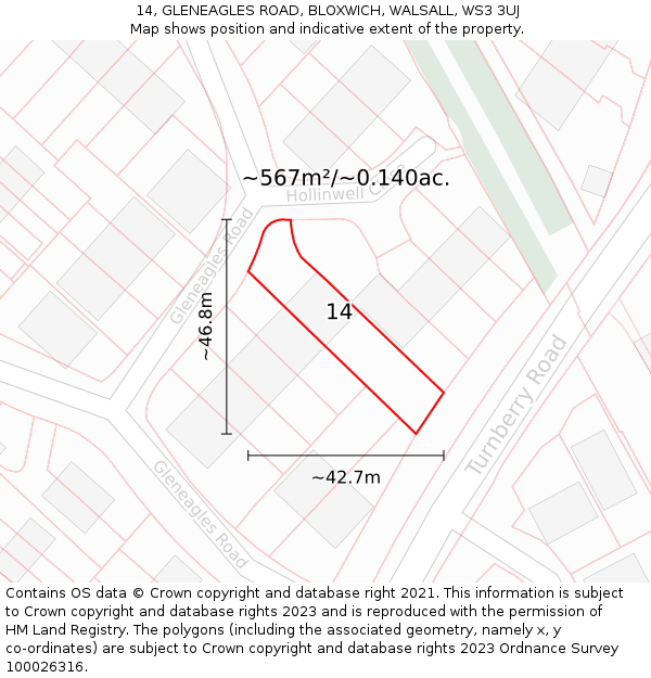 14, GLENEAGLES ROAD, BLOXWICH, WALSALL, WS3 3UJ: Plot and title map