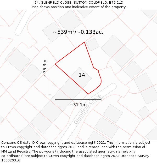 14, GLENFIELD CLOSE, SUTTON COLDFIELD, B76 1LD: Plot and title map