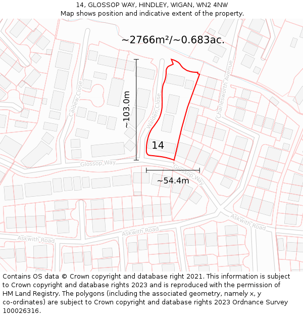 14, GLOSSOP WAY, HINDLEY, WIGAN, WN2 4NW: Plot and title map