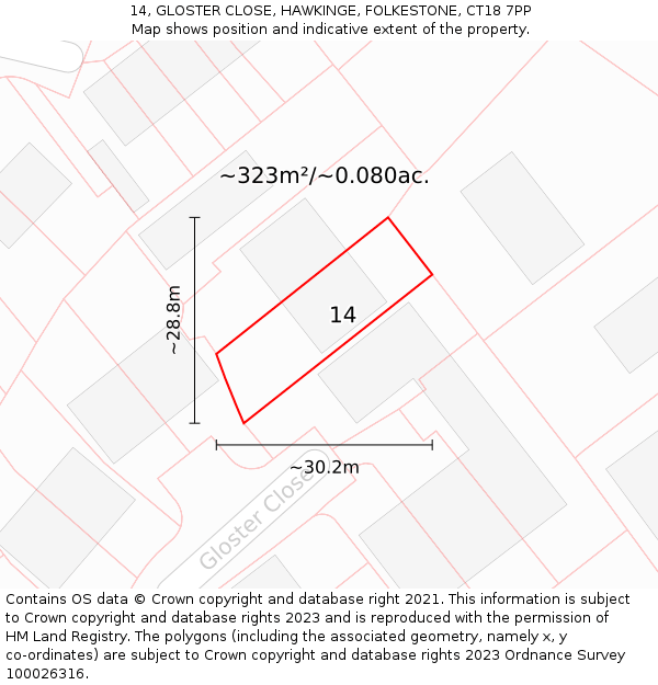 14, GLOSTER CLOSE, HAWKINGE, FOLKESTONE, CT18 7PP: Plot and title map