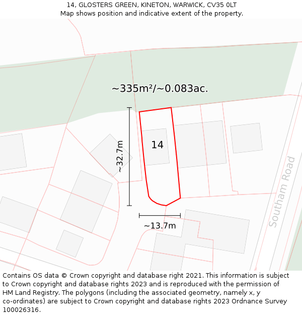 14, GLOSTERS GREEN, KINETON, WARWICK, CV35 0LT: Plot and title map