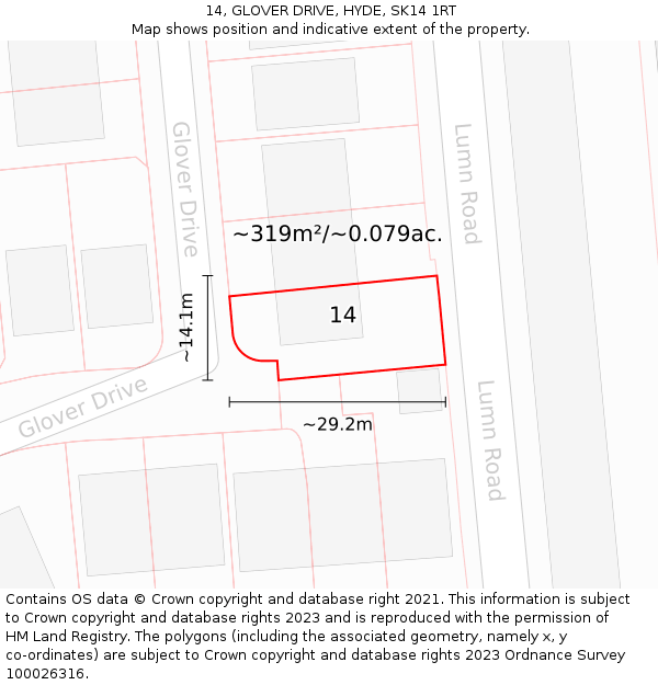 14, GLOVER DRIVE, HYDE, SK14 1RT: Plot and title map