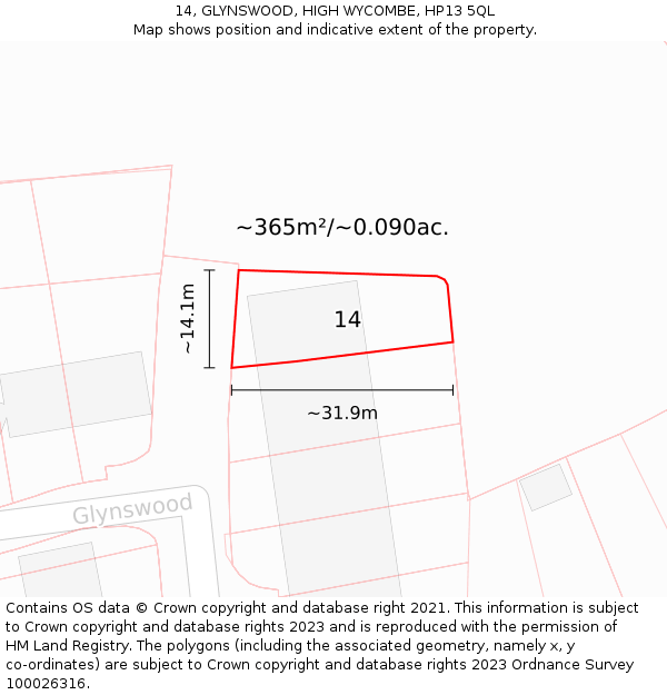 14, GLYNSWOOD, HIGH WYCOMBE, HP13 5QL: Plot and title map