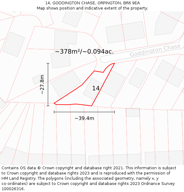 14, GODDINGTON CHASE, ORPINGTON, BR6 9EA: Plot and title map