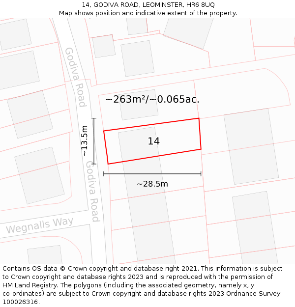 14, GODIVA ROAD, LEOMINSTER, HR6 8UQ: Plot and title map