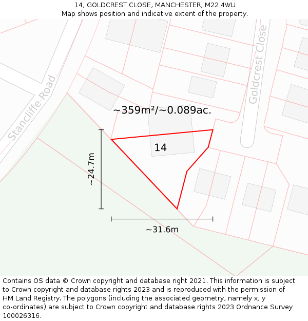 14, GOLDCREST CLOSE, MANCHESTER, M22 4WU: Plot and title map