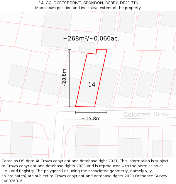14, GOLDCREST DRIVE, SPONDON, DERBY, DE21 7TN: Plot and title map