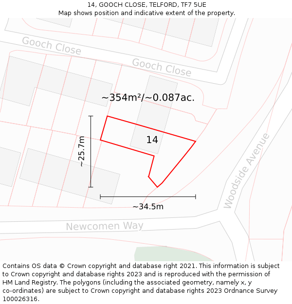 14, GOOCH CLOSE, TELFORD, TF7 5UE: Plot and title map