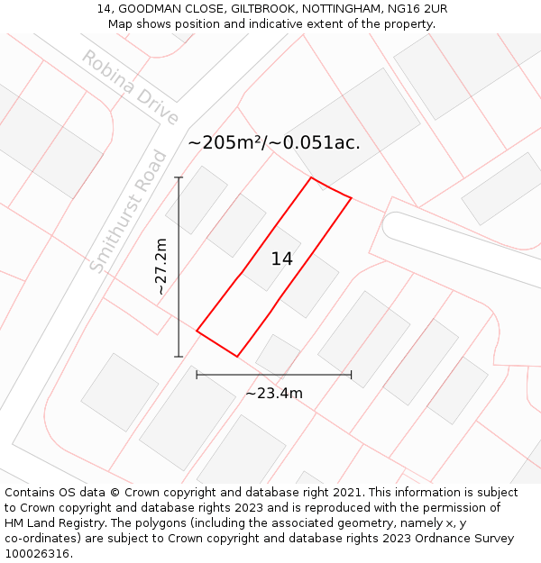 14, GOODMAN CLOSE, GILTBROOK, NOTTINGHAM, NG16 2UR: Plot and title map