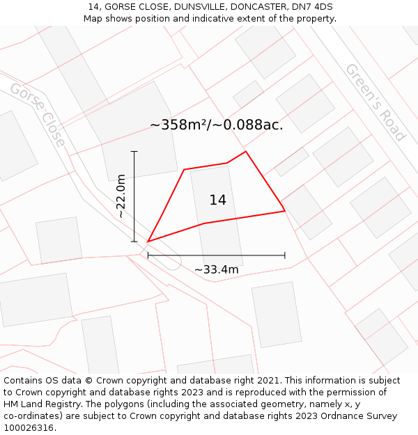 14, GORSE CLOSE, DUNSVILLE, DONCASTER, DN7 4DS: Plot and title map