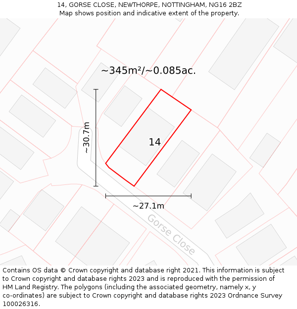 14, GORSE CLOSE, NEWTHORPE, NOTTINGHAM, NG16 2BZ: Plot and title map