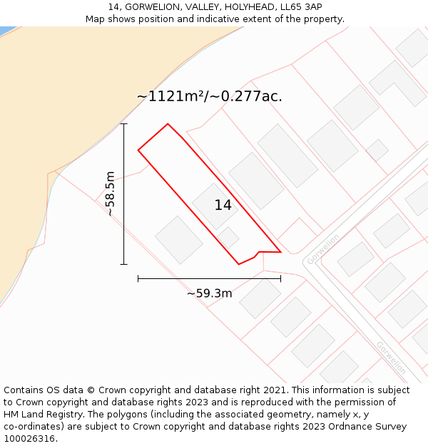 14, GORWELION, VALLEY, HOLYHEAD, LL65 3AP: Plot and title map