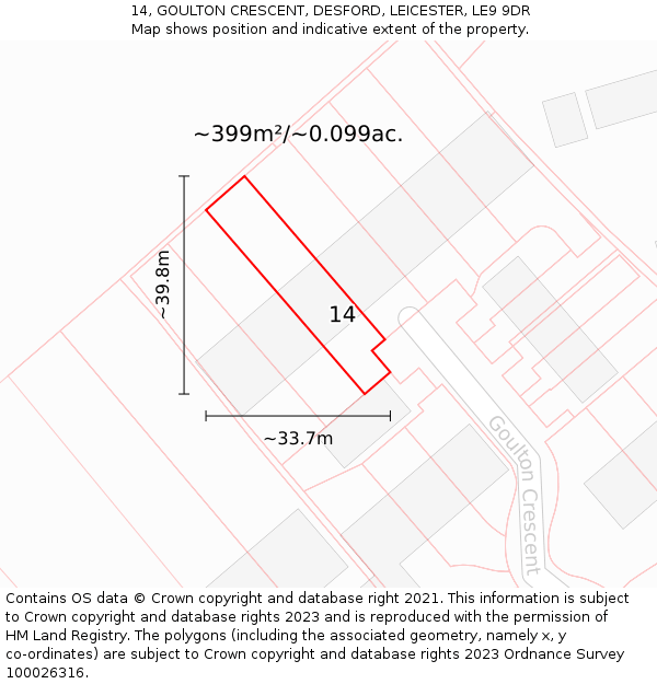 14, GOULTON CRESCENT, DESFORD, LEICESTER, LE9 9DR: Plot and title map