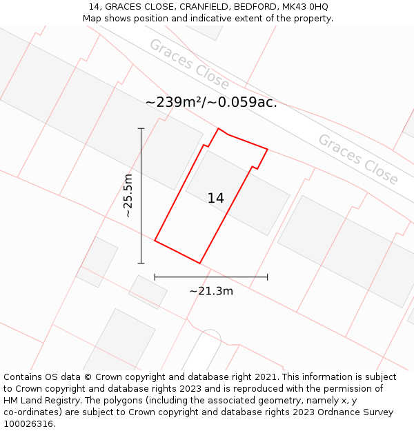 14, GRACES CLOSE, CRANFIELD, BEDFORD, MK43 0HQ: Plot and title map