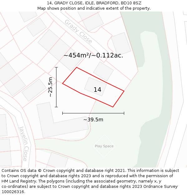 14, GRADY CLOSE, IDLE, BRADFORD, BD10 8SZ: Plot and title map