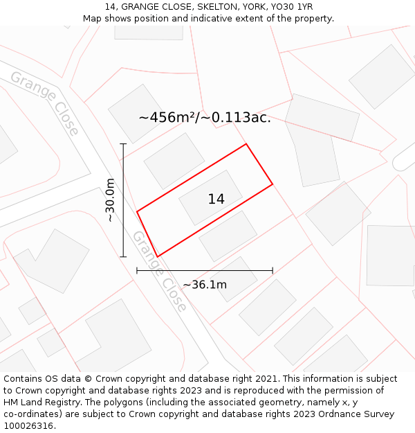 14, GRANGE CLOSE, SKELTON, YORK, YO30 1YR: Plot and title map