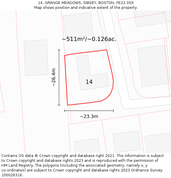 14, GRANGE MEADOWS, SIBSEY, BOSTON, PE22 0SX: Plot and title map