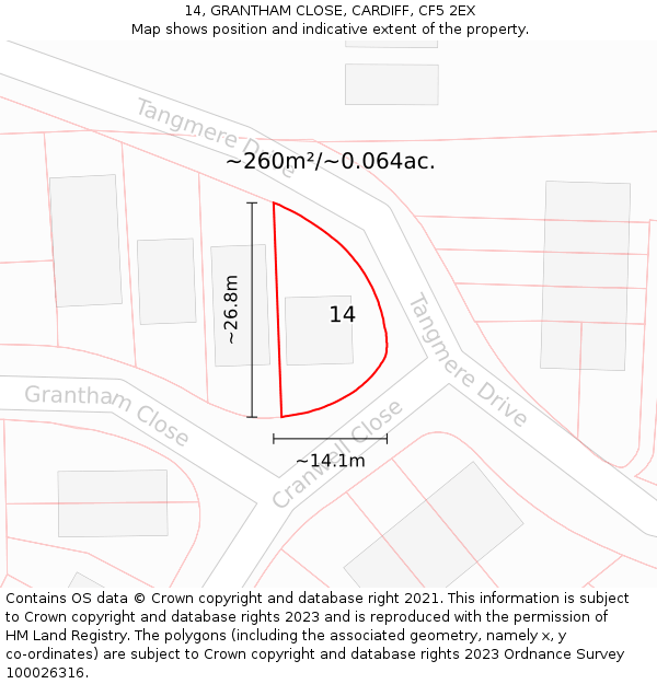 14, GRANTHAM CLOSE, CARDIFF, CF5 2EX: Plot and title map