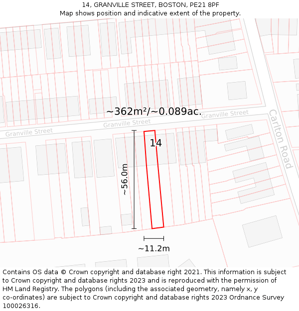 14, GRANVILLE STREET, BOSTON, PE21 8PF: Plot and title map