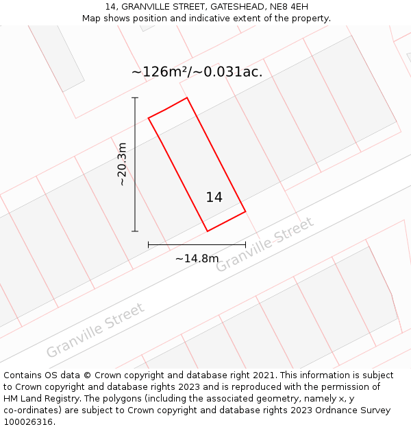 14, GRANVILLE STREET, GATESHEAD, NE8 4EH: Plot and title map