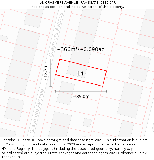 14, GRASMERE AVENUE, RAMSGATE, CT11 0PR: Plot and title map