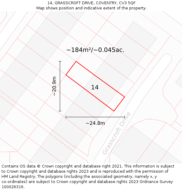 14, GRASSCROFT DRIVE, COVENTRY, CV3 5QF: Plot and title map