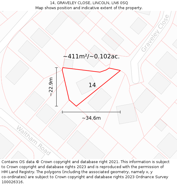 14, GRAVELEY CLOSE, LINCOLN, LN6 0SQ: Plot and title map