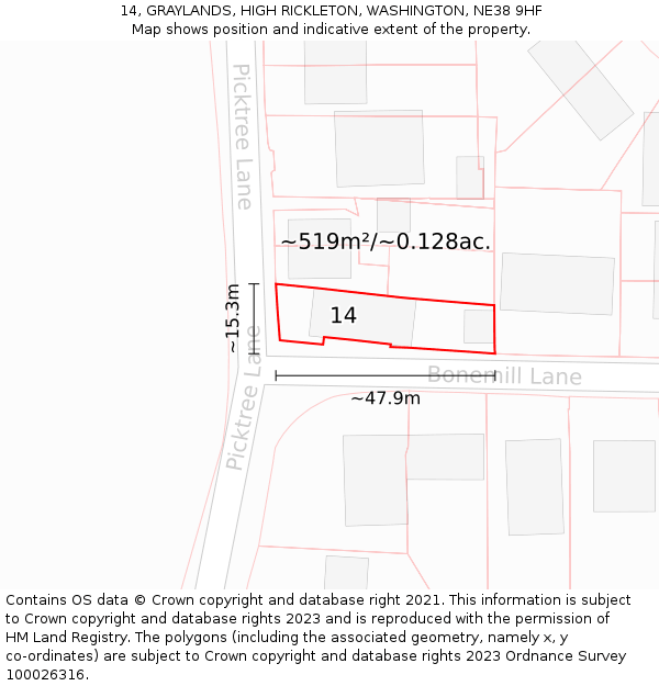 14, GRAYLANDS, HIGH RICKLETON, WASHINGTON, NE38 9HF: Plot and title map