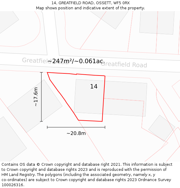 14, GREATFIELD ROAD, OSSETT, WF5 0RX: Plot and title map
