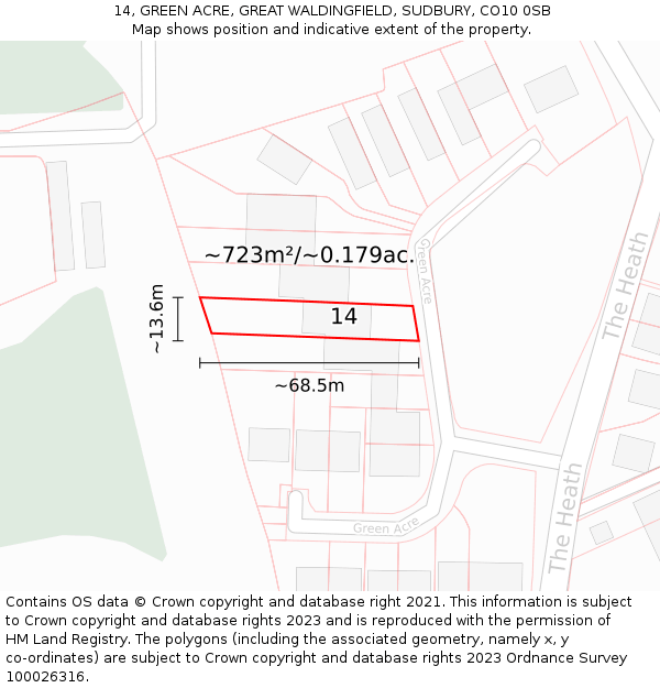 14, GREEN ACRE, GREAT WALDINGFIELD, SUDBURY, CO10 0SB: Plot and title map