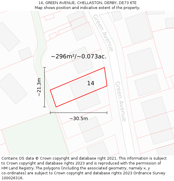 14, GREEN AVENUE, CHELLASTON, DERBY, DE73 6TE: Plot and title map