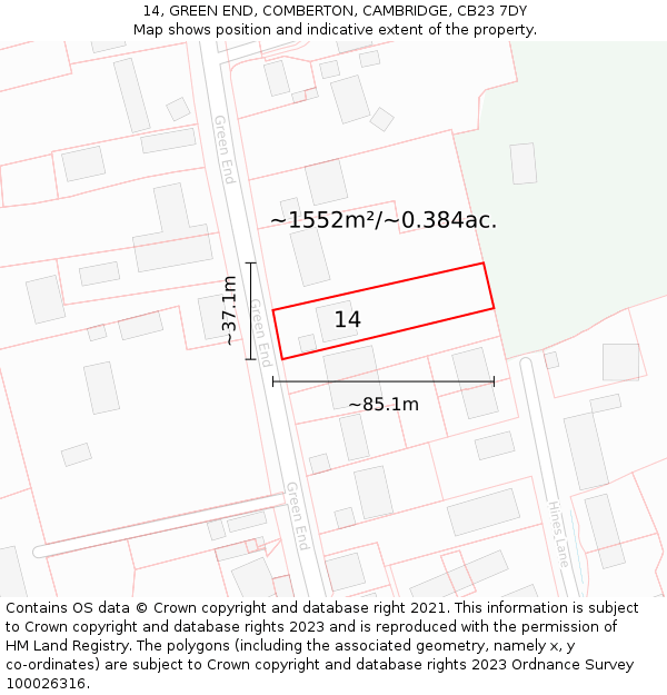 14, GREEN END, COMBERTON, CAMBRIDGE, CB23 7DY: Plot and title map