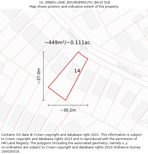 14, GREEN LANE, BOURNEMOUTH, BH10 5LB: Plot and title map