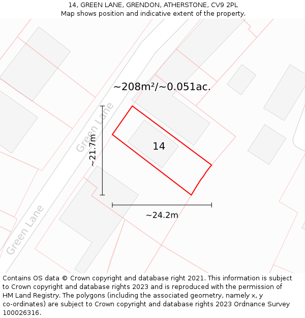 14, GREEN LANE, GRENDON, ATHERSTONE, CV9 2PL: Plot and title map